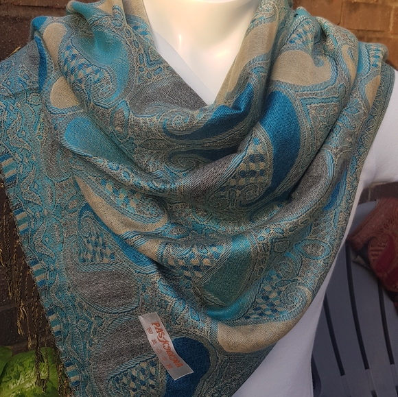 Festival Pashmina Scarf / Turquoise Blue Scarves and Shawls for Women Long Stole - Picture 2 of 9